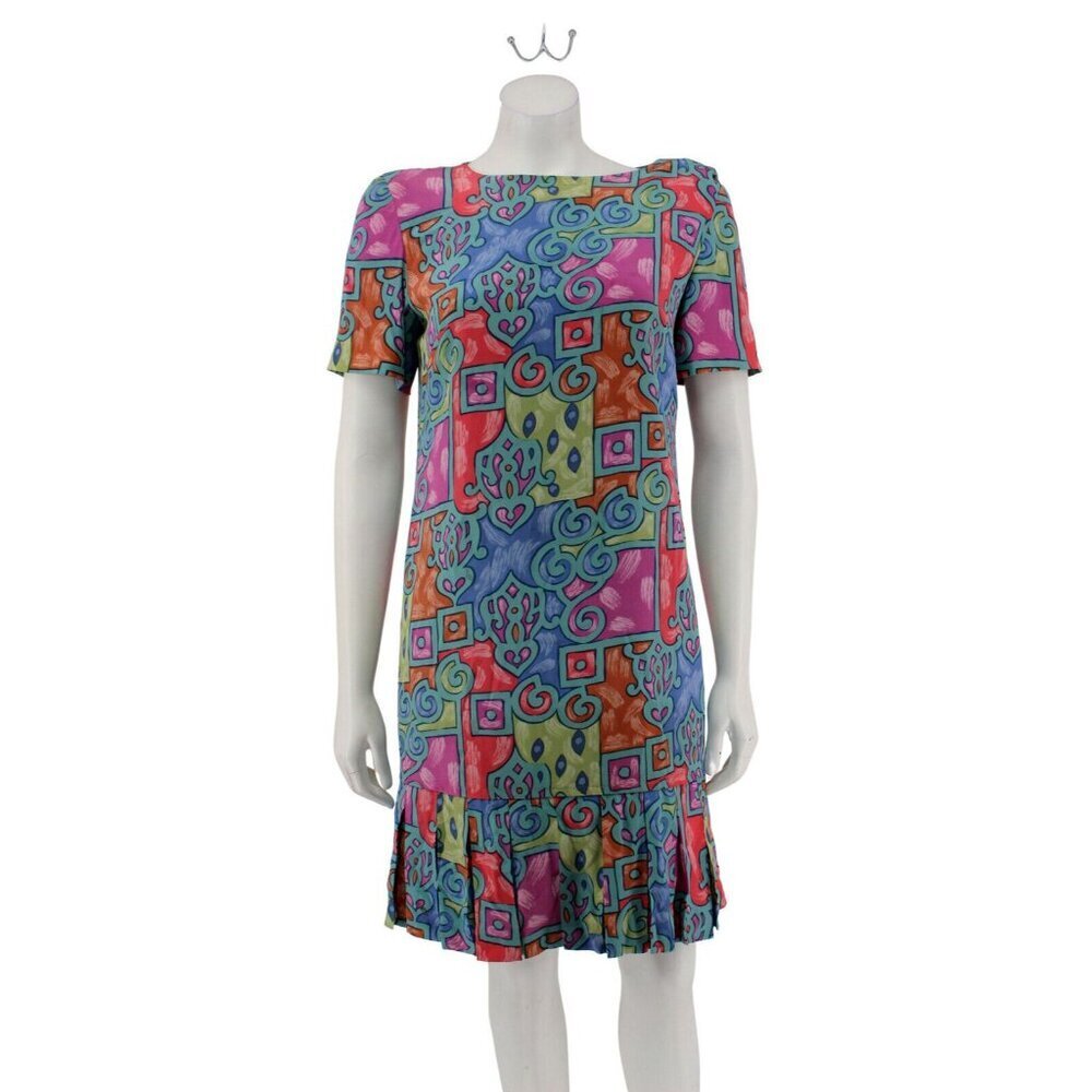 Vintage 80s Liz Claiborne Dress Size 6 Colorful Print Silk Drop Waist Pleat Hem